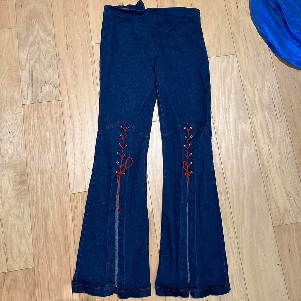 Vintage Navy Flare Jeans with Red Lace-Up Detail - Picture 5 of 8